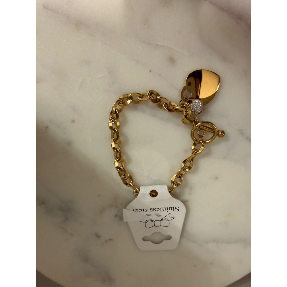 Gold Stainless Steel Heart‎ Charm Toggle Bracelet Women's Fashion Jewelry